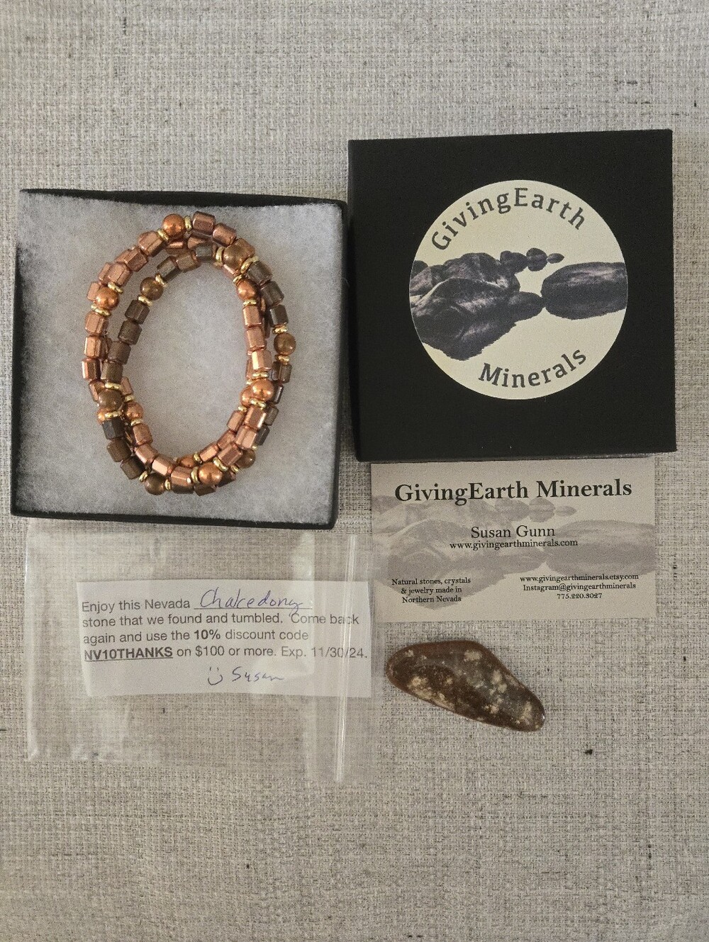 3 Copper Beaded Stretch Bracelet And Chalcedony Stone From Giving Earth Minerals